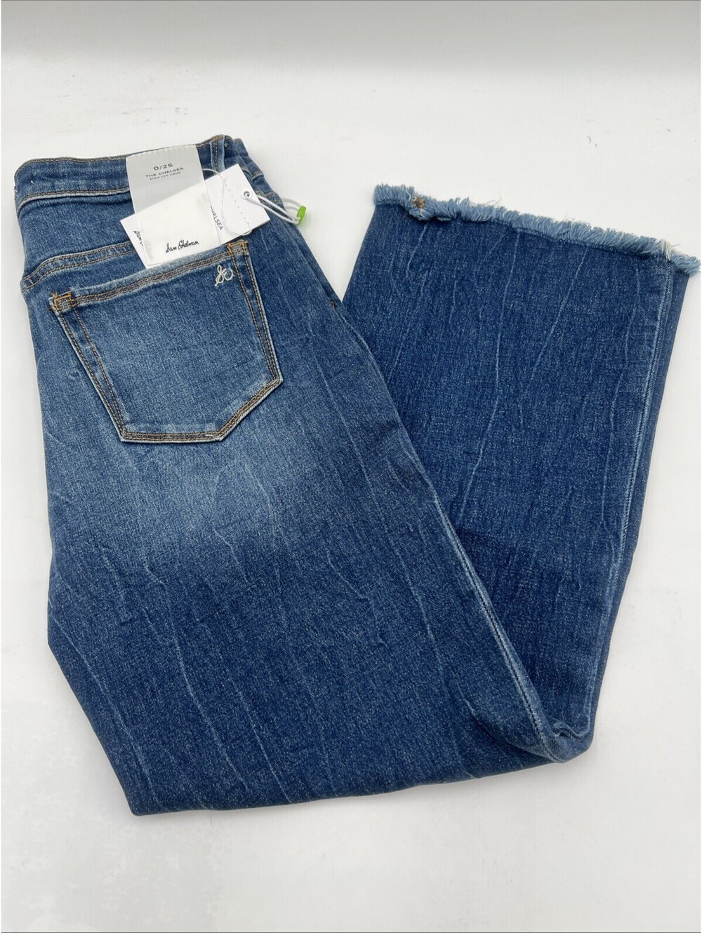 NWT Sam Edelman The Chelsea Wide Leg Crop Jeans Blue Denim Raw Hem Size 25